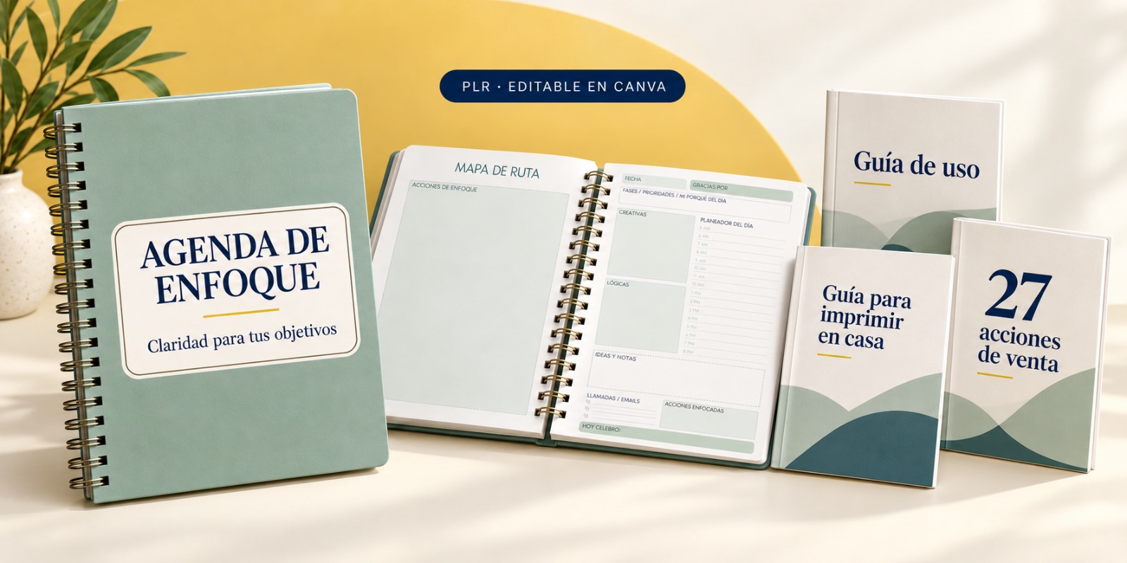 Agenda de Enfoque PLR lista para personalizar y vender, con sus páginas interiores y sus manuales.